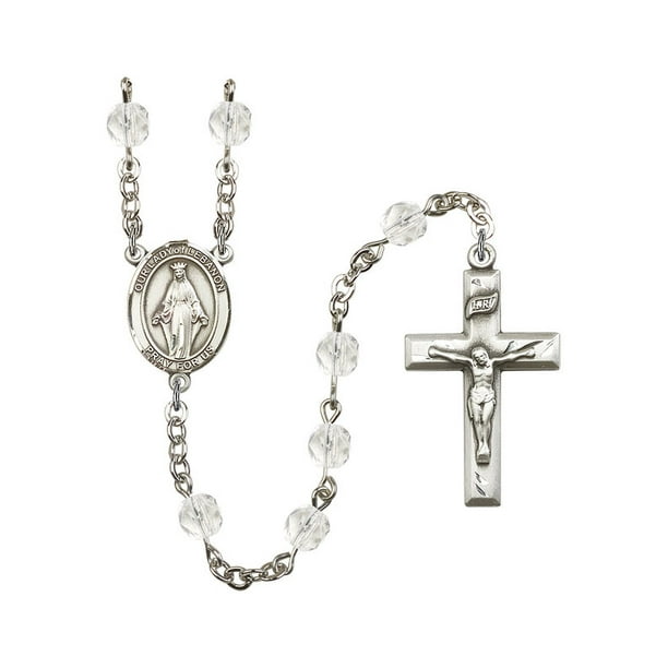 18-Inch Rhodium Plated Necklace with 6mm Light Rose Birthstone Beads and Sterling Silver Our Lady of Lebanon Charm. 